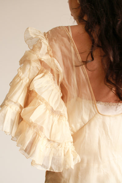 1930s Cream Ruffled Sleeve Sheer Gown