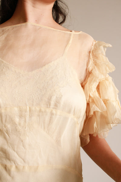 1930s Cream Ruffled Sleeve Sheer Gown