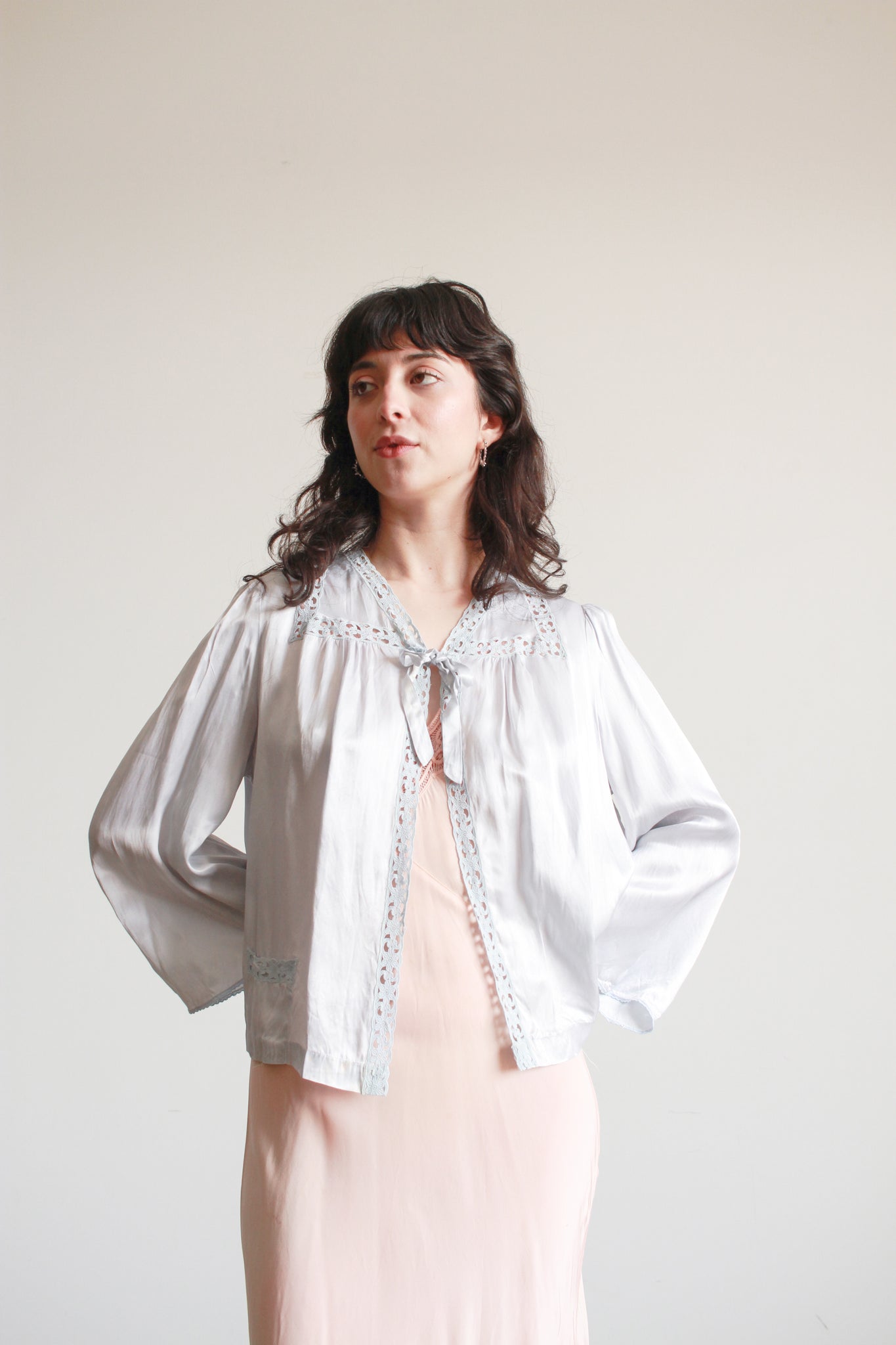 1940s Baby Blue Rayon Embroidered Bed Jacket