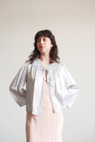 1940s Baby Blue Rayon Embroidered Bed Jacket