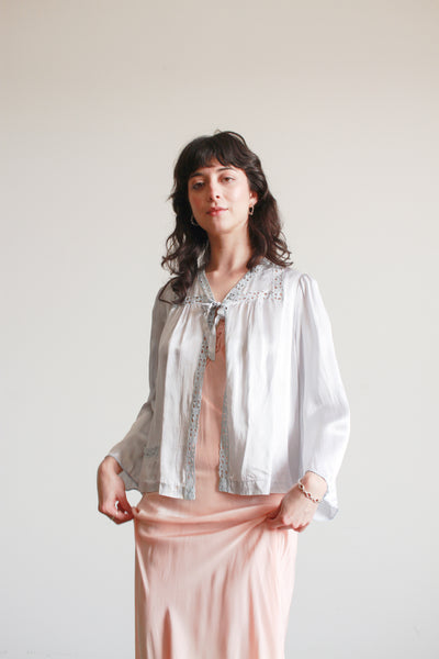 1940s Baby Blue Rayon Embroidered Bed Jacket