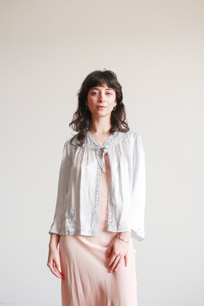 1940s Baby Blue Rayon Embroidered Bed Jacket