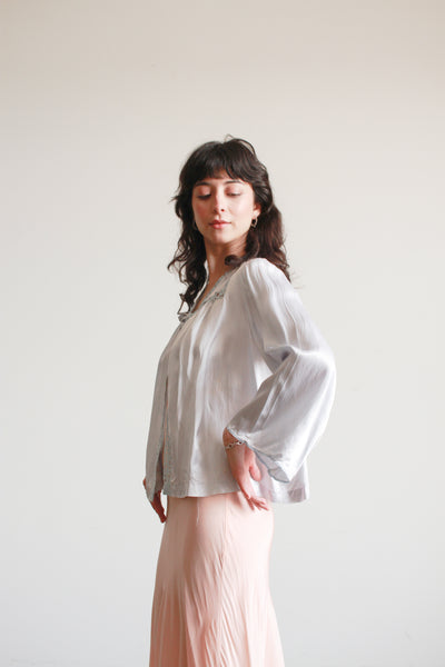 1940s Baby Blue Rayon Embroidered Bed Jacket
