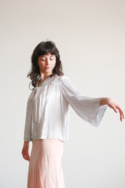1940s Baby Blue Rayon Embroidered Bed Jacket