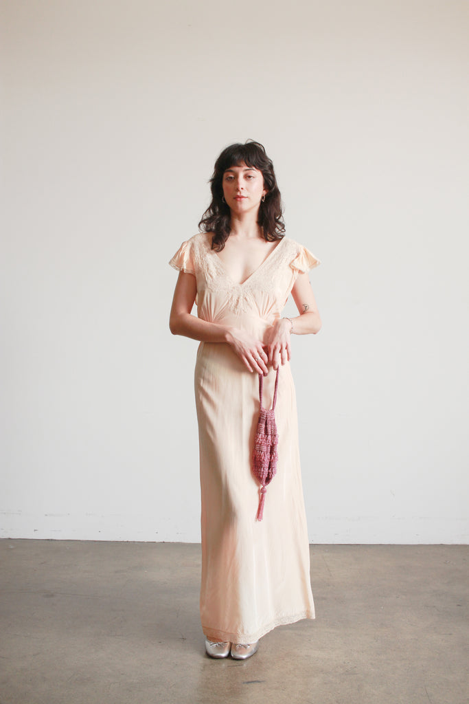 1930s pink dress 1930s Grand Gamine Gown | Vintage 30s Pink Moir Rayon Taffeta Evening Dress w/Velvet Lacing Puff Sleeves & Scallop Standing Collar