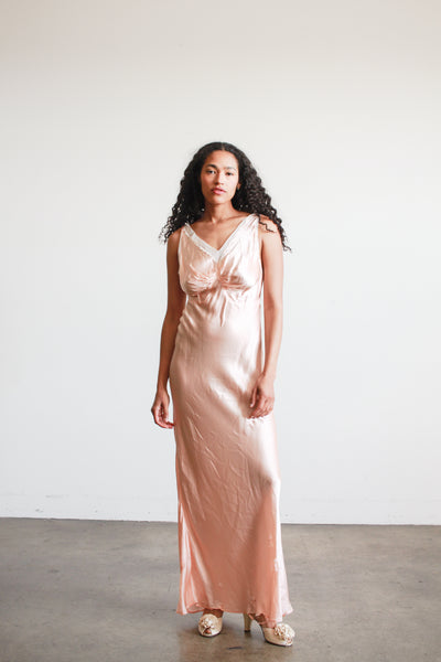 1930s Baby Pink Cold Rayon Ruched Bias Dress