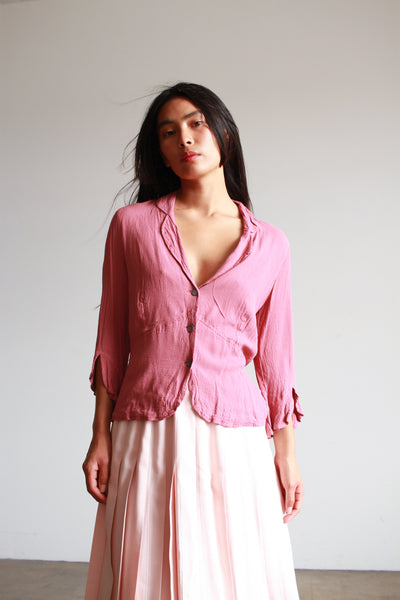 1990s Crepe Rayon Rose Button Blouse