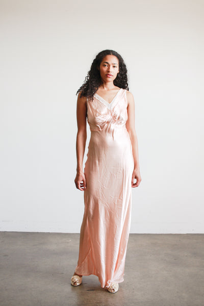 1930s Baby Pink Cold Rayon Ruched Bias Dress