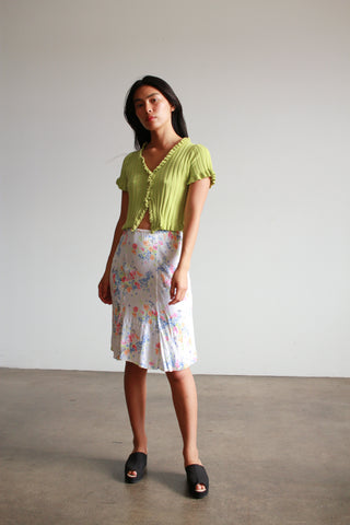 1990s Floral Print Rayon Bias Skirt