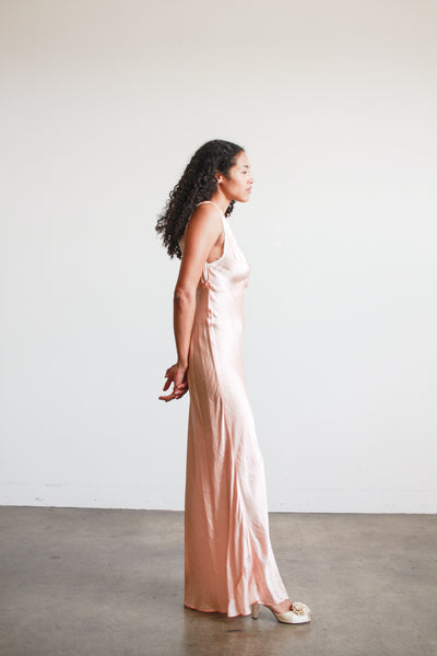 1930s Baby Pink Cold Rayon Ruched Bias Dress