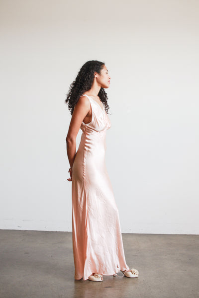 1930s Baby Pink Cold Rayon Ruched Bias Dress