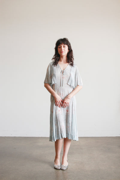 1920s Robins Blue Floral Silk Chiffon Capelet Dress
