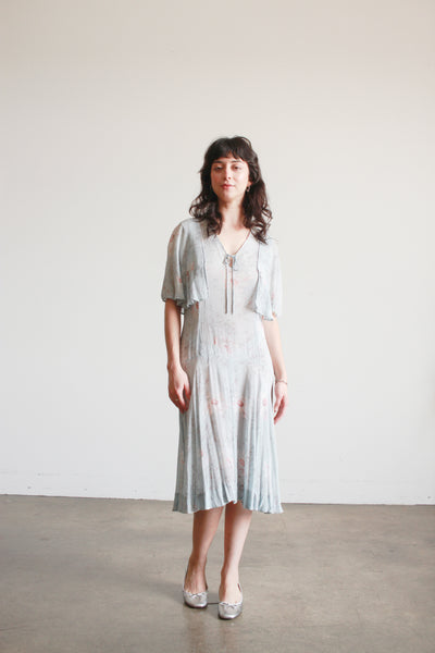 1920s Robins Blue Floral Silk Chiffon Capelet Dress