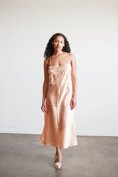 1930s Salmon Silk Lace Inlay Bias Slip Dress