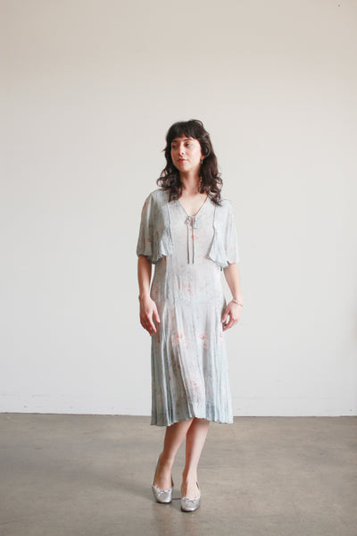 1920s Robins Blue Floral Silk Chiffon Capelet Dress