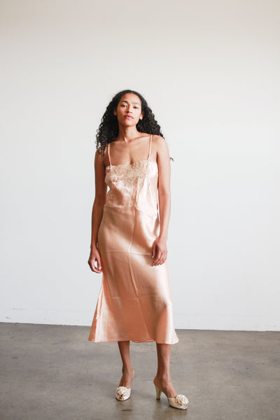 1930s Salmon Silk Lace Inlay Bias Slip Dress