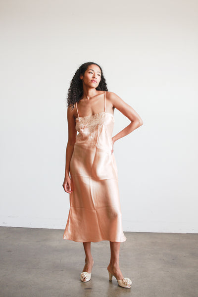 1930s Salmon Silk Lace Inlay Bias Slip Dress