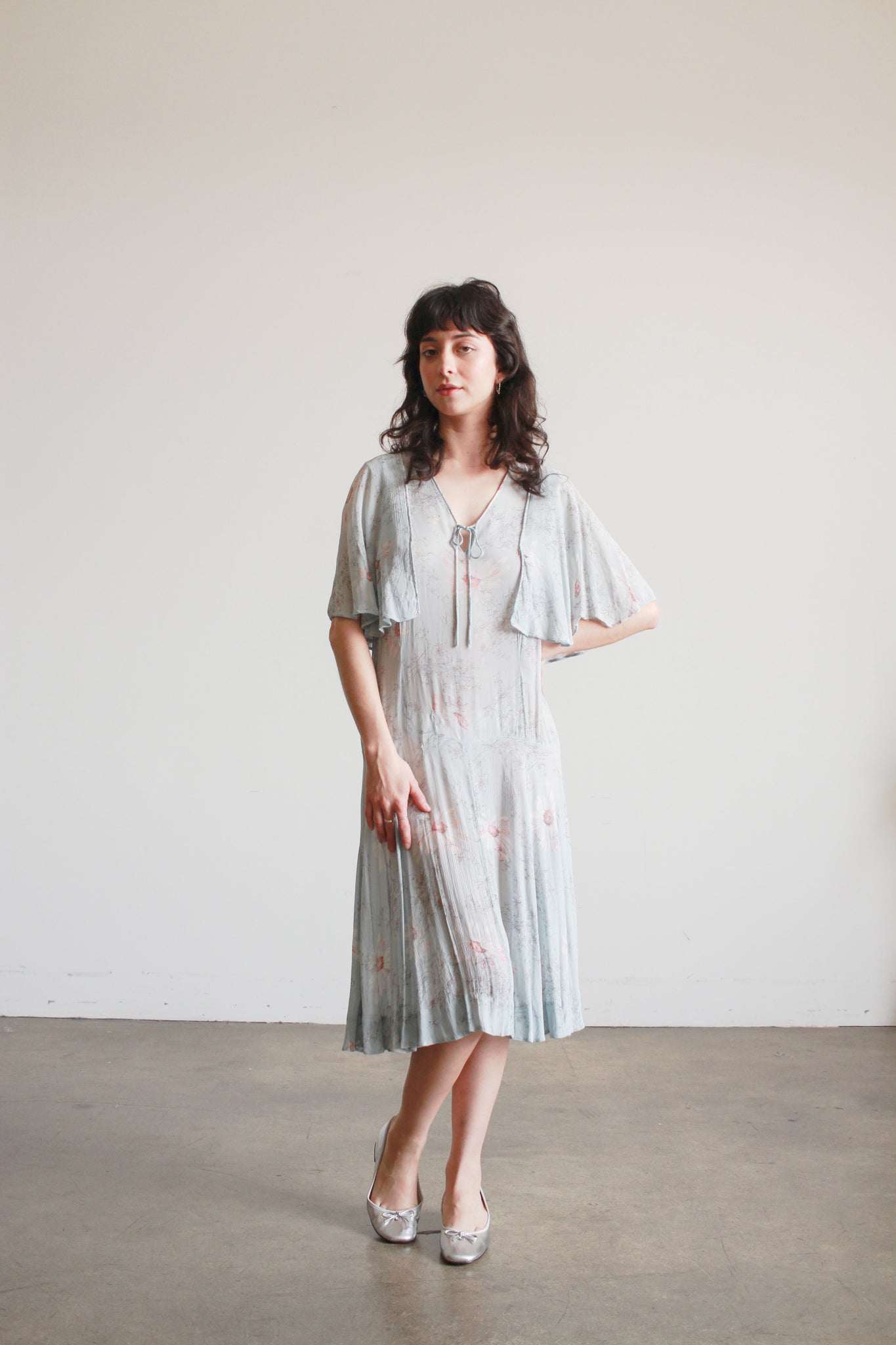 1920s Robins Blue Floral Silk Chiffon Capelet Dress