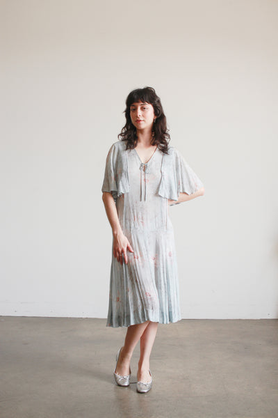 1920s Robins Blue Floral Silk Chiffon Capelet Dress