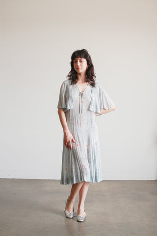 1920s Robins Blue Floral Silk Chiffon Capelet Dress