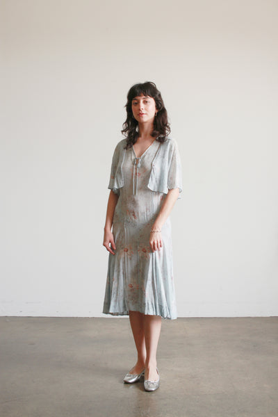 1920s Robins Blue Floral Silk Chiffon Capelet Dress