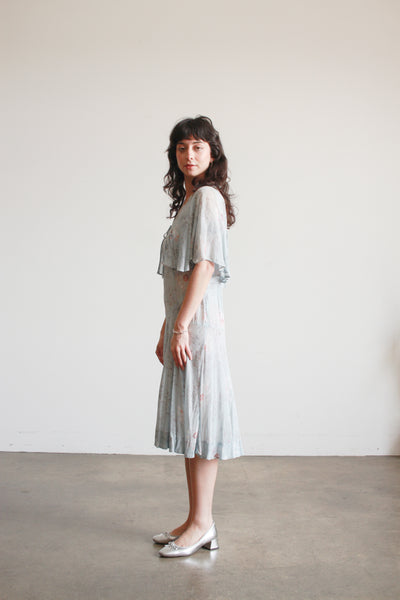 1920s Robins Blue Floral Silk Chiffon Capelet Dress
