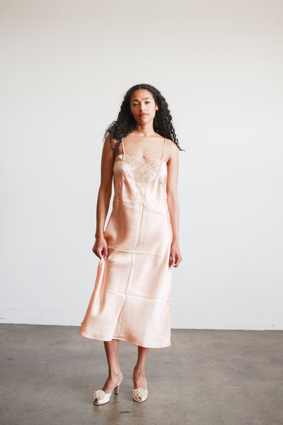 1930s Salmon Silk Lace Inlay Bias Slip Dress