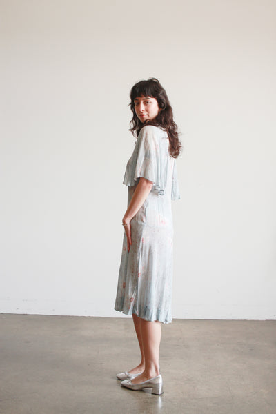1920s Robins Blue Floral Silk Chiffon Capelet Dress