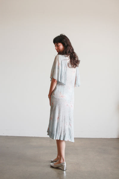 1920s Robins Blue Floral Silk Chiffon Capelet Dress