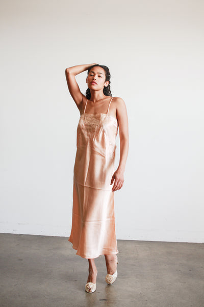 1930s Salmon Silk Lace Inlay Bias Slip Dress