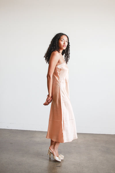 1930s Salmon Silk Lace Inlay Bias Slip Dress