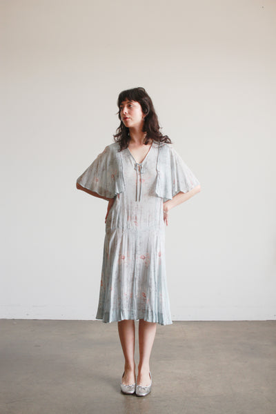 1920s Robins Blue Floral Silk Chiffon Capelet Dress