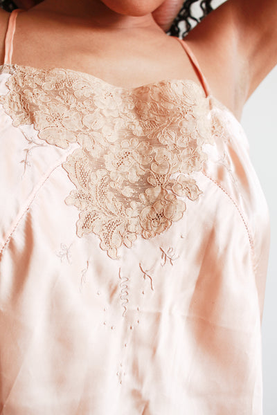 1930s Salmon Silk Lace Inlay Bias Slip Dress