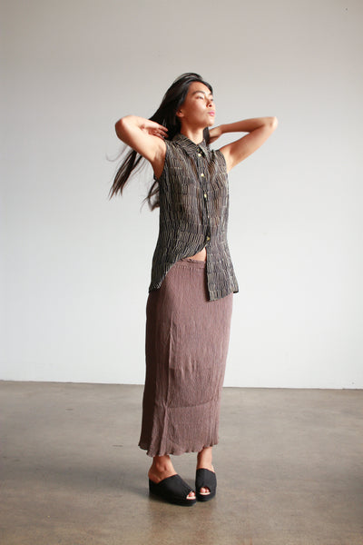 1990s Mocha Plisse Silk Midi Skirt
