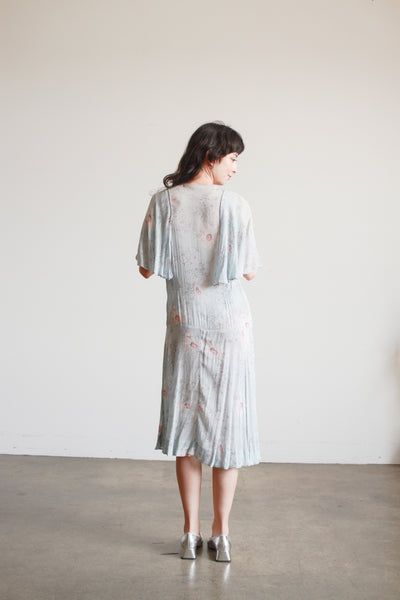 1920s Robins Blue Floral Silk Chiffon Capelet Dress