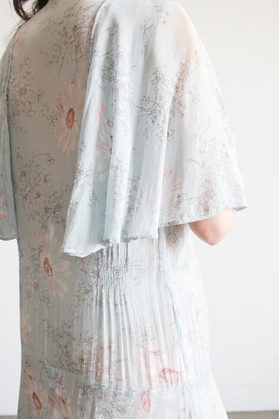 1920s Robins Blue Floral Silk Chiffon Capelet Dress