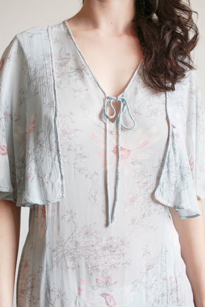 1920s Robins Blue Floral Silk Chiffon Capelet Dress