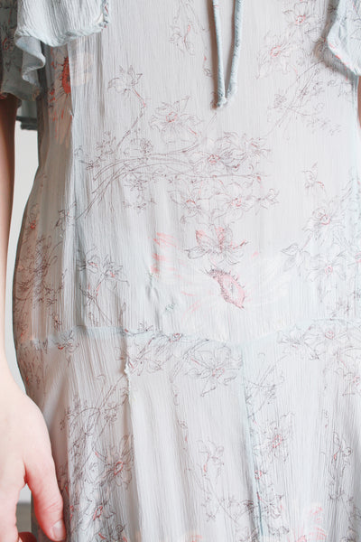 1920s Robins Blue Floral Silk Chiffon Capelet Dress