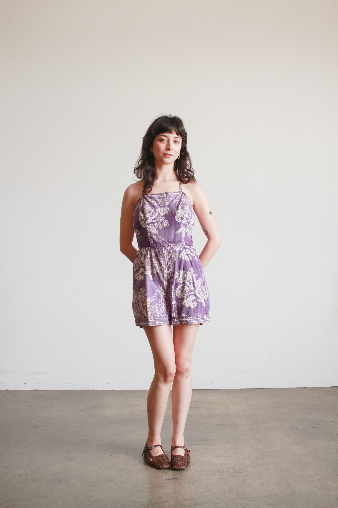 1950s Violet Cotton Tiki Print Romper