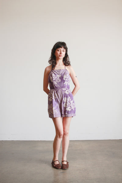 1950s Violet Cotton Tiki Print Romper