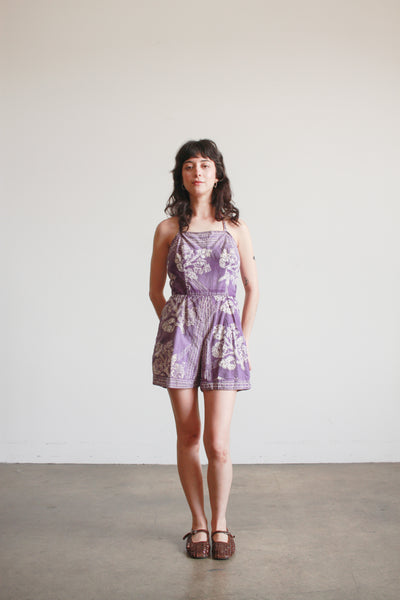 1950s Violet Cotton Tiki Print Romper