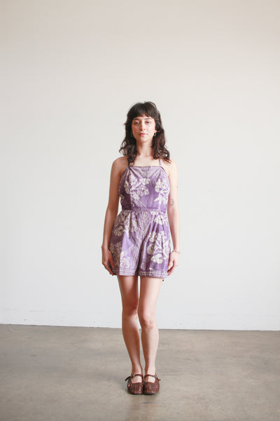 1950s Violet Cotton Tiki Print Romper