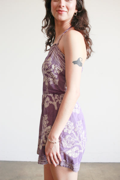 1950s Violet Cotton Tiki Print Romper