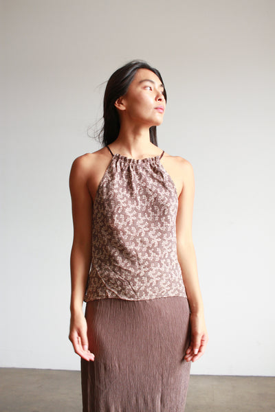 1990s Cocoa Floral Print Silk Halter