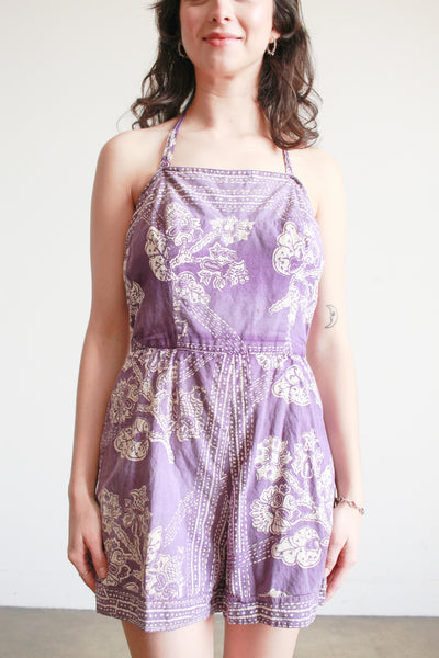 1950s Violet Cotton Tiki Print Romper