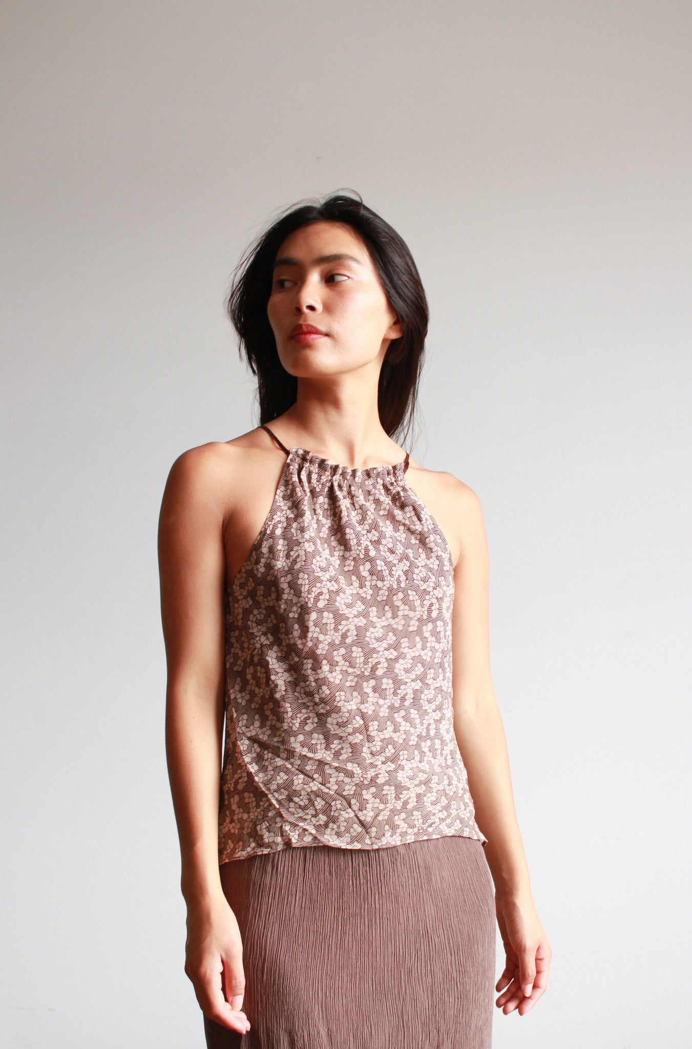 1990s Cocoa Floral Print Silk Halter