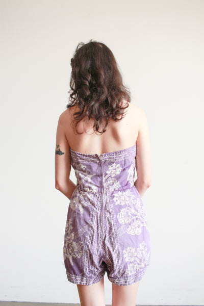 1950s Violet Cotton Tiki Print Romper
