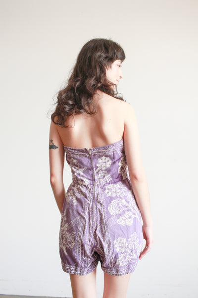 1950s Violet Cotton Tiki Print Romper
