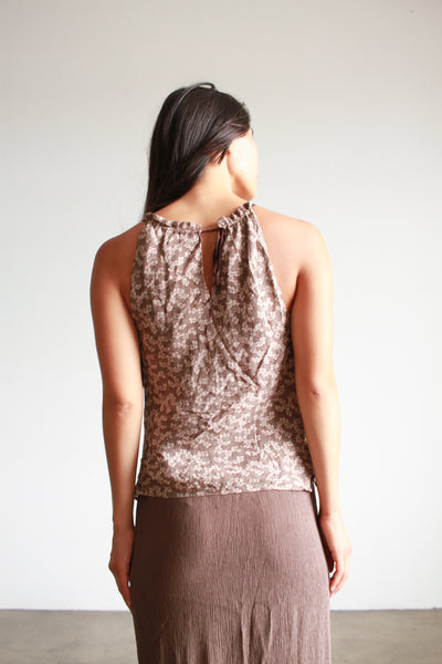 1990s Cocoa Floral Print Silk Halter