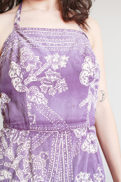 1950s Violet Cotton Tiki Print Romper